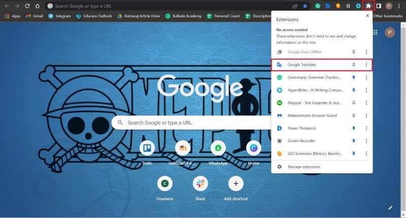 fissare l'estensione google translate
