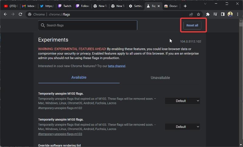 reset chrome flags