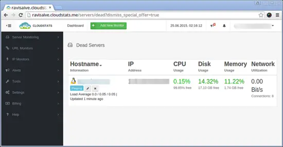 CloudStats-Agent erscheint im Dashboard