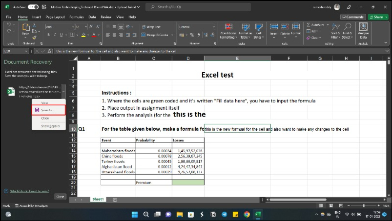 imagem mostrando a opção de salvar recuperação de documentos do excel no windows