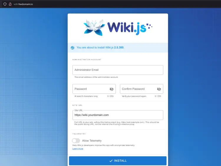página de instalação wiki.js
