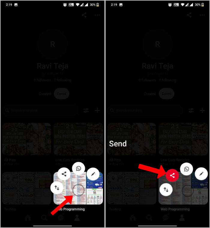 opzione di condivisione gesture pinterest su mobile