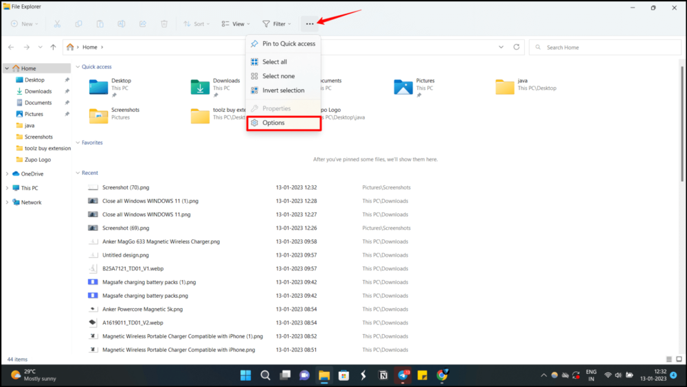 options de l'explorateur de fichiers windows