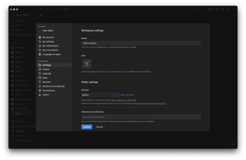 настройка предпочтений рабочего пространства в приложении notion для mac.