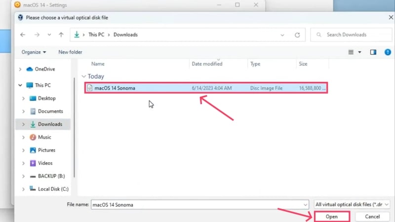 sélectionner le fichier iso de macos sonoma