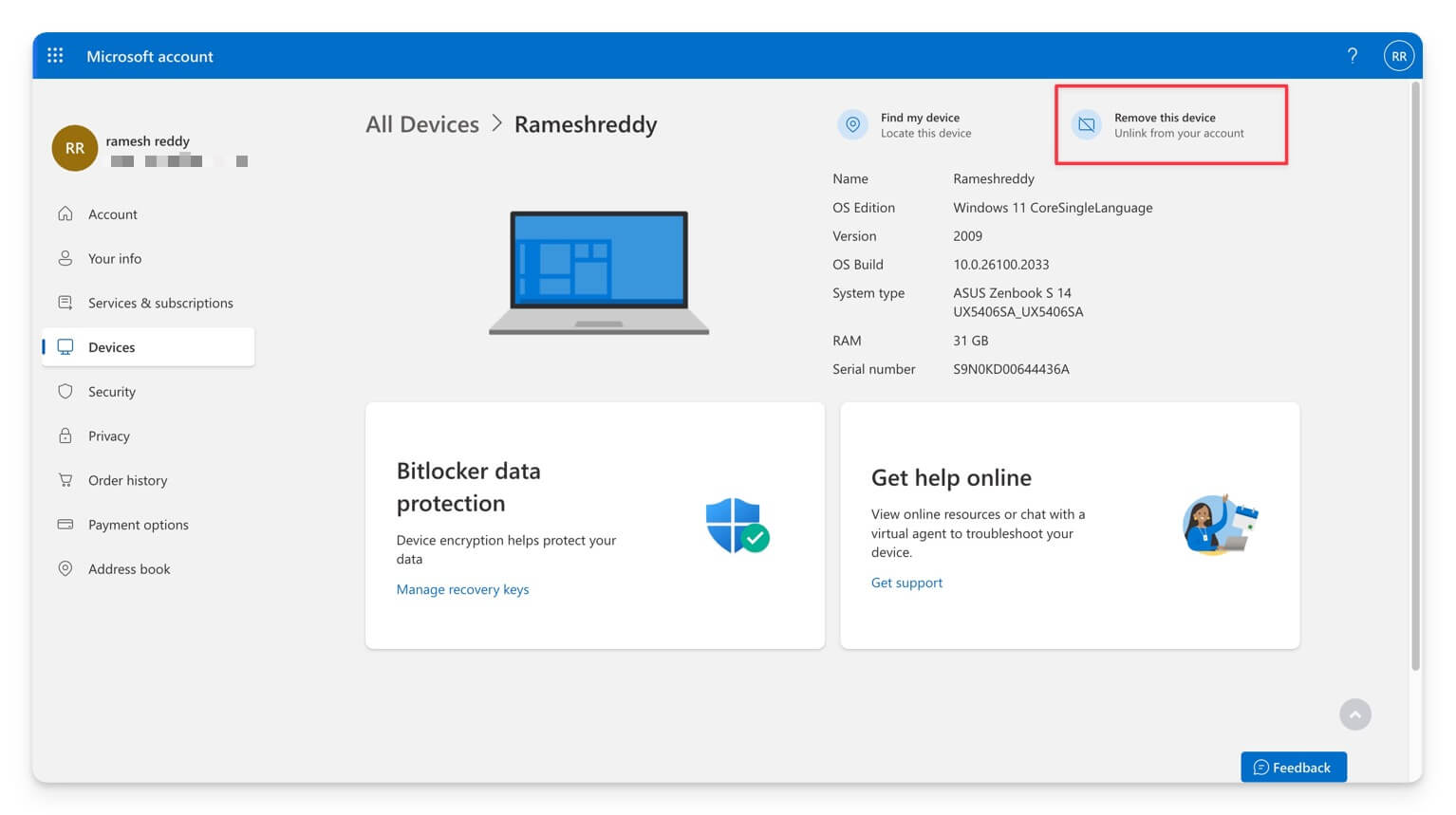 rimuovi dispositivo dall'account microsoft