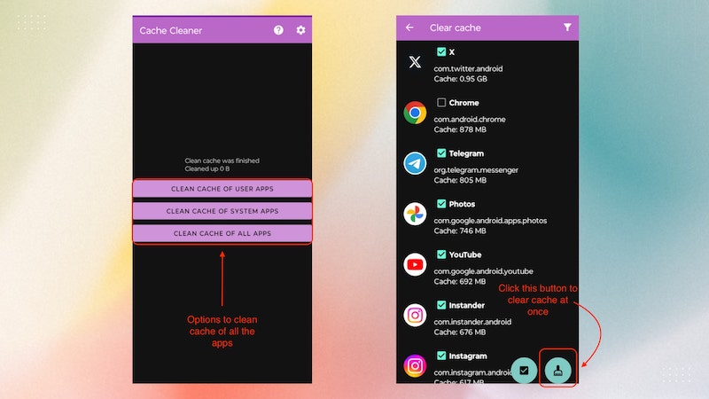 tous les paramètres et l'interface de cache cleaner