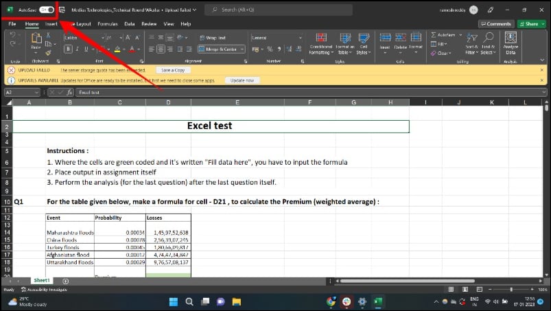 imagem mostrando o aplicativo excel no windows destacando a opção de auto-salvamento
