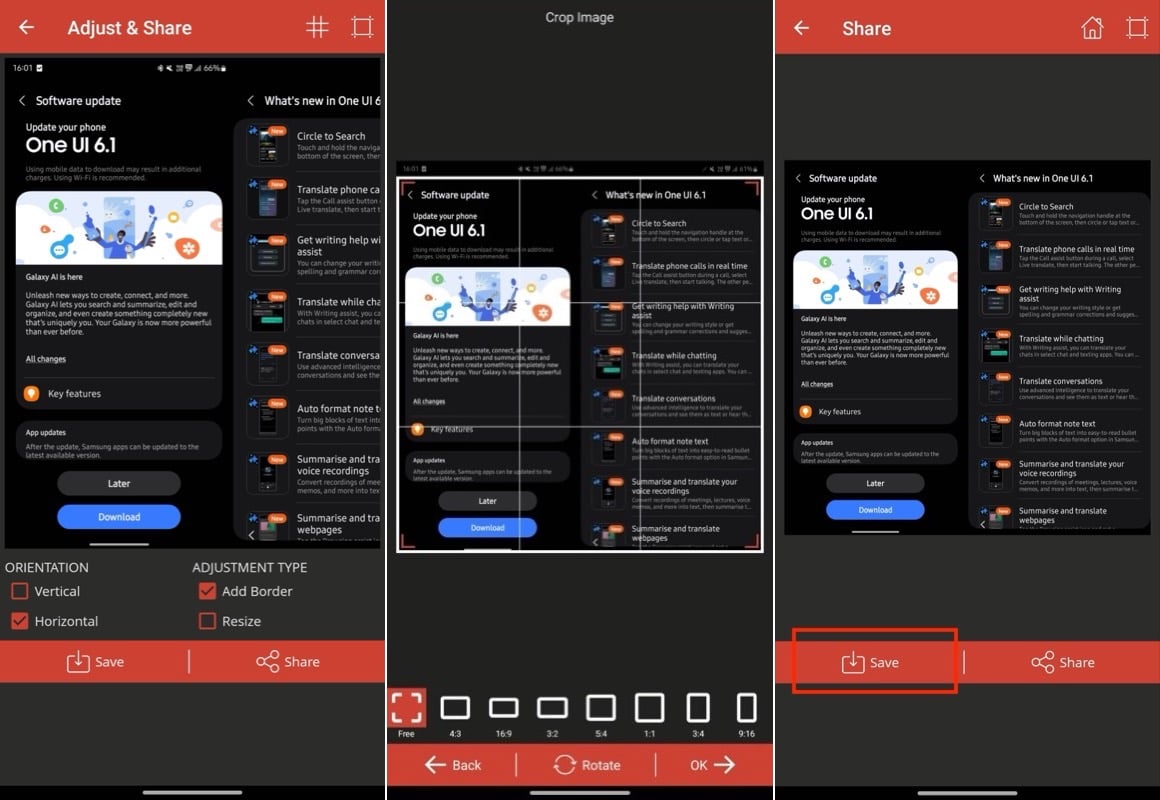 обрезка объединенного фото и сохранение его в приложении image combiner & editor.