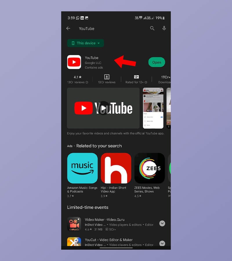 поиск приложения youtube