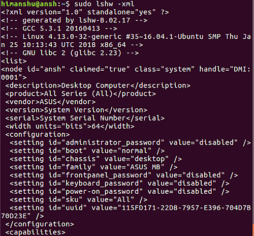 Comment faire en sorte que lshw affiche des informations au format XML