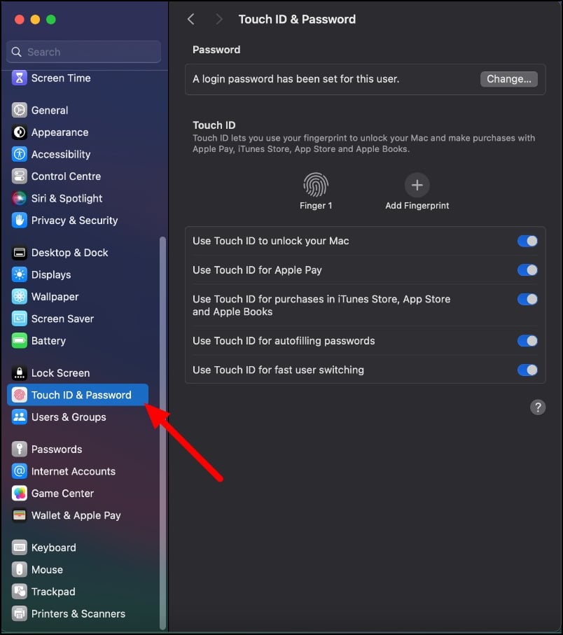 設定のtouch idとパスワード