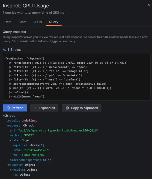 Grafana Abfrageinspektor-Ergebnis