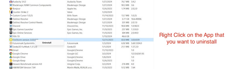 disinstalla il programma