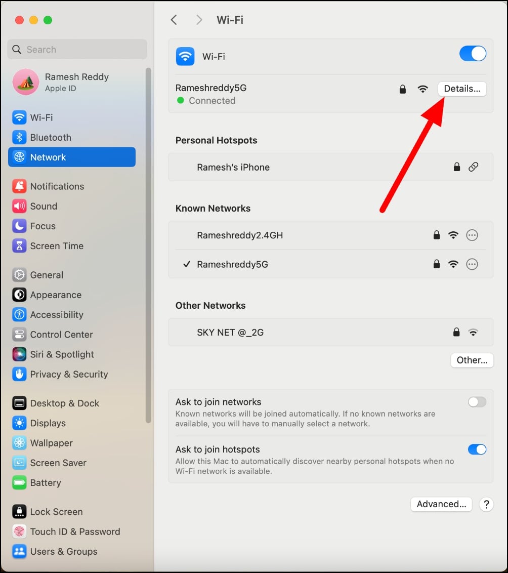 Details der Netzwerkverbindung auf Mac