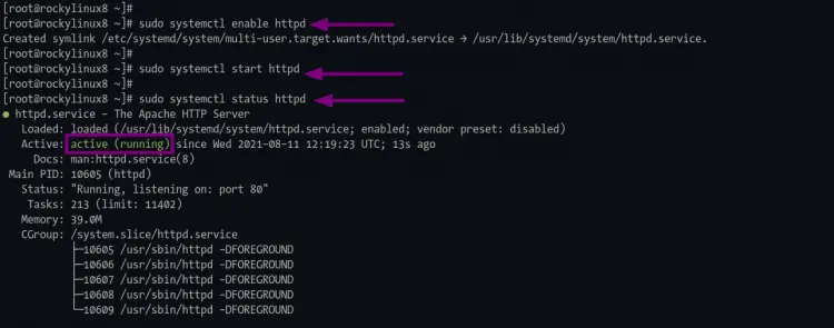 Estado del servicio del servidor web Apache
