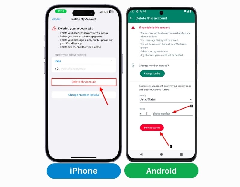 page de confirmation de suppression de compte whatsapp sur android et iphone