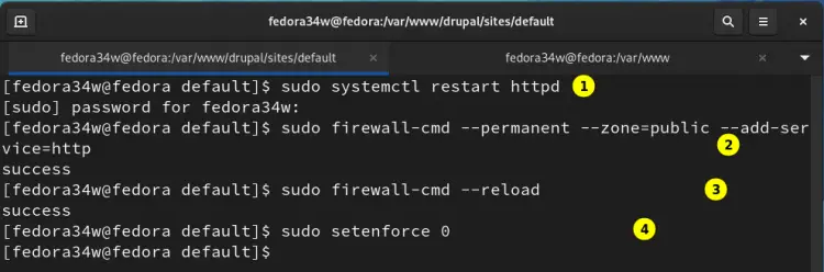 redémarrer apache, configurer le pare-feu, désactiver selinux