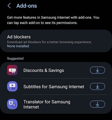 Navegador de Internet de Samsung con extensiones