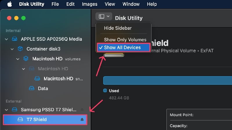 mostrar todos los dispositivos en utilidad de discos