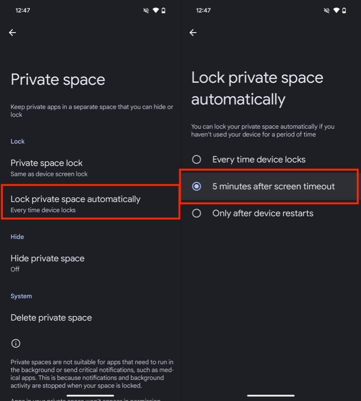 configuration de l'option de verrouillage automatique pour l'espace privé sur un téléphone pixel.