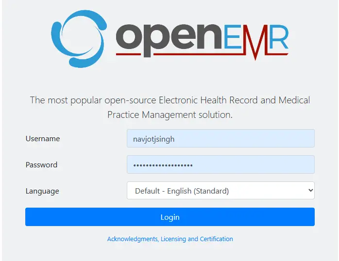 Страница входа OpenEMR