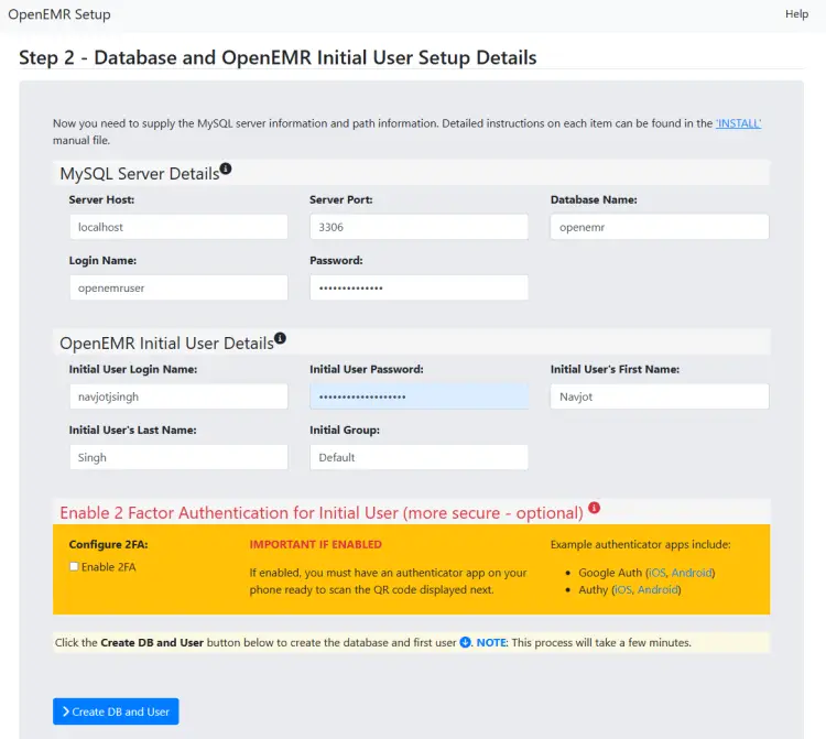 Данные базы данных и учетной записи OpenEMR