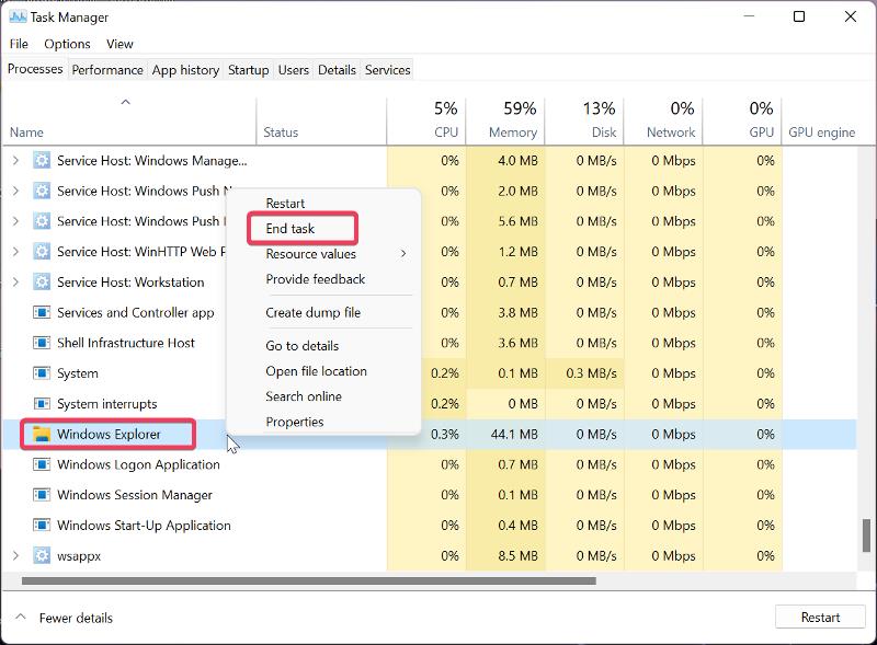 fermare il processo di windows explorer