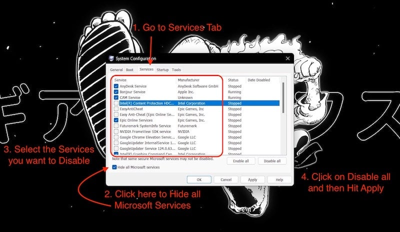 disabilita le app usando msconfig