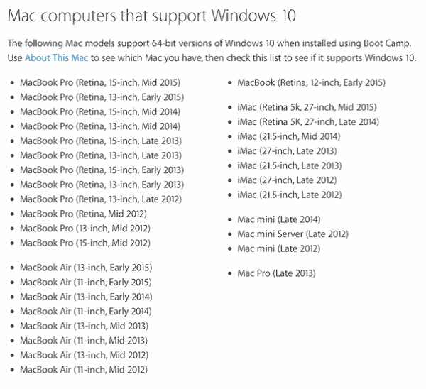 Macs que soportan Win 10