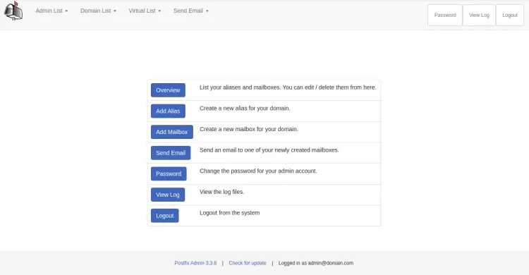 Dashboard di PostfixAdmin