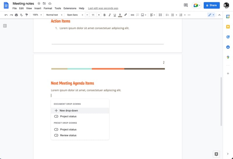 выпадающее меню google docs