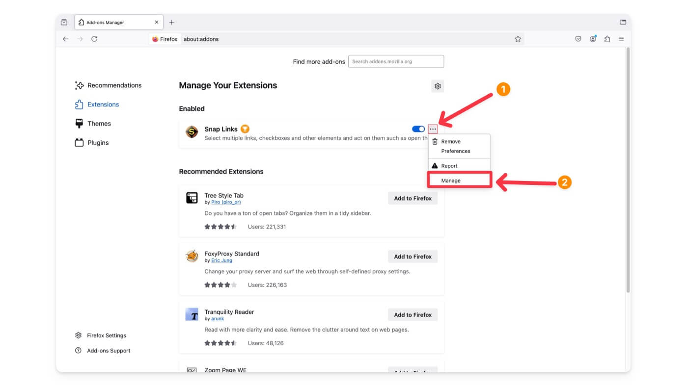 Firefox Erweiterung verwalten