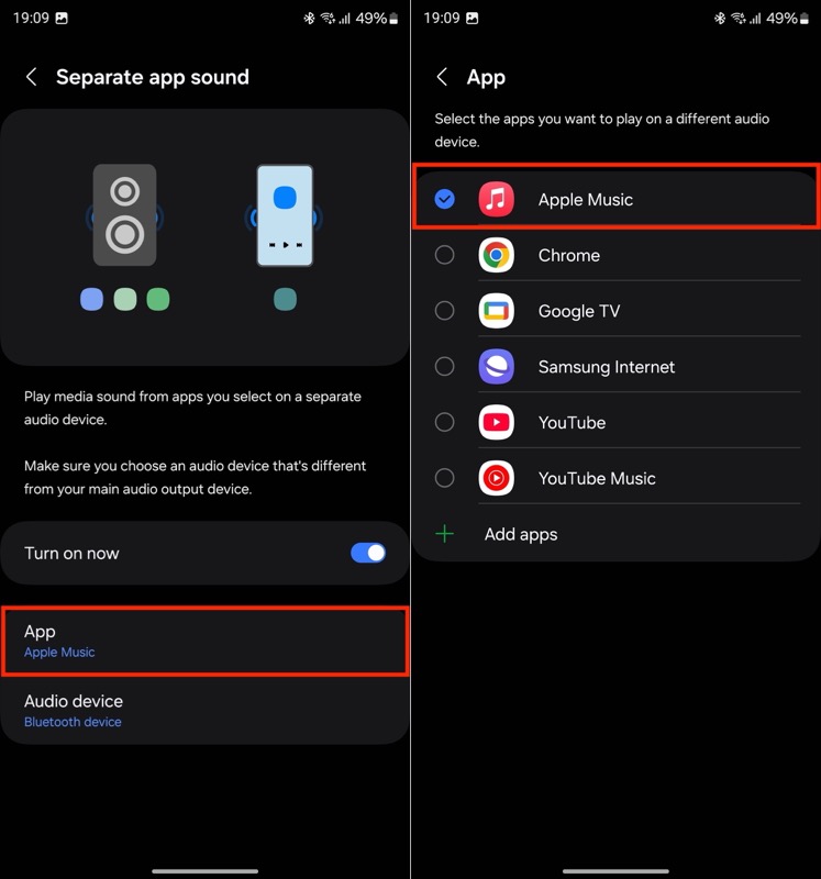 Auswahl der App, deren Audio über ein anderes Audiogerät geleitet werden soll.