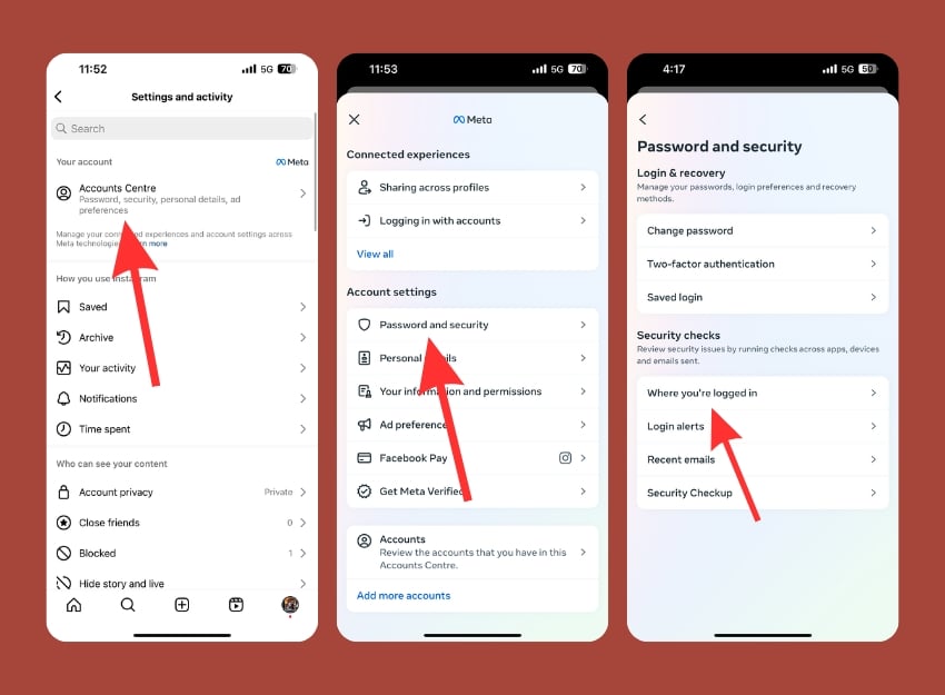 centro de conta do instagram senha e segurança app