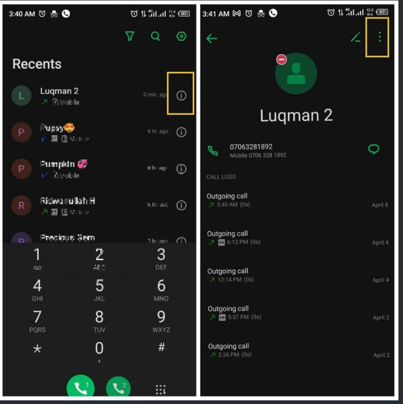 desbloquear um número no android através dos detalhes da chamada