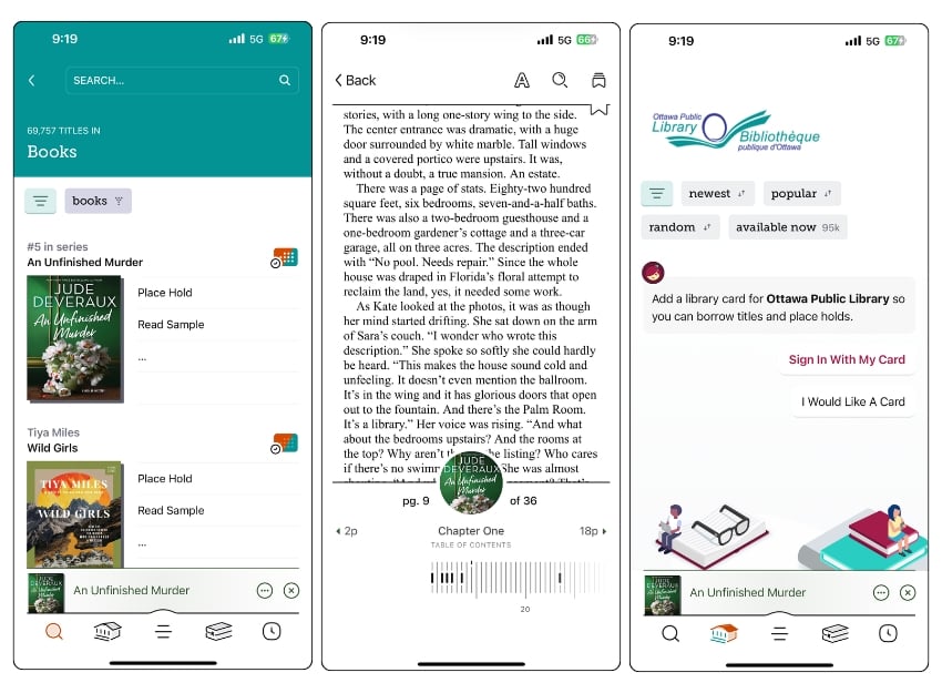 screenshot dell'app libby che mostra elenchi di libri, un'interfaccia di lettore di ebook e una pagina di servizio della biblioteca pubblica.