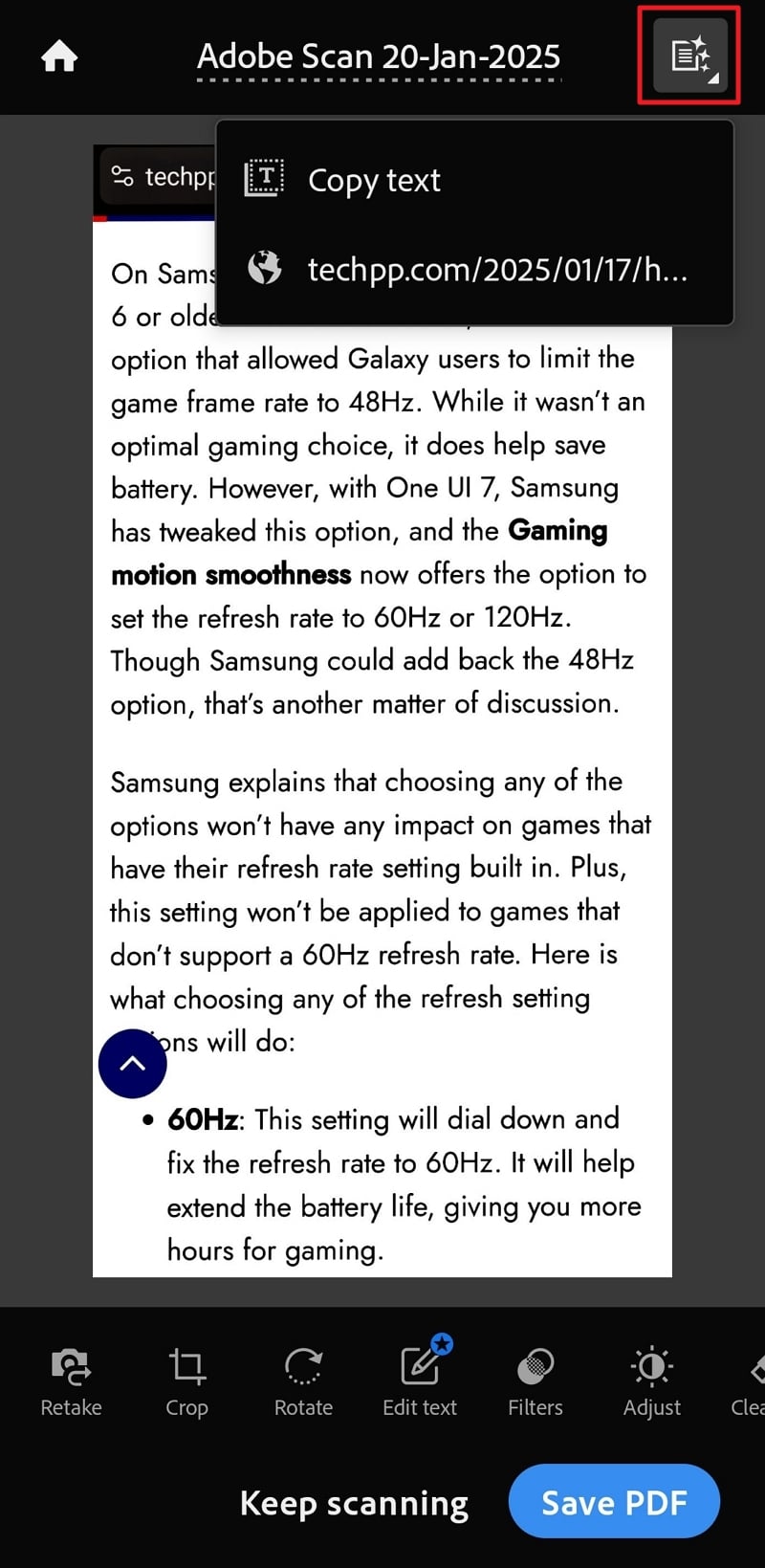 Text aus einem Bild in Adobe Scan extrahieren