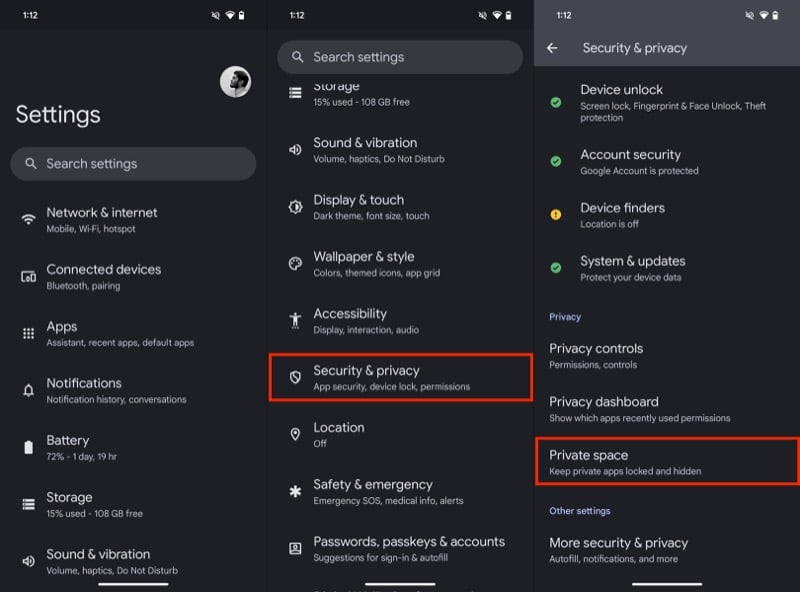 accéder à l'option sécurité & confidentialité dans les paramètres sur un pixel.