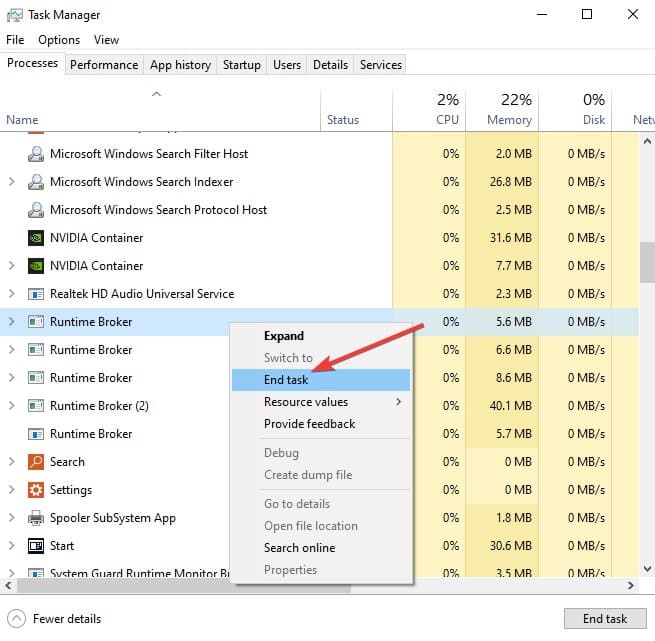 Corrigir alto uso de CPU e RAM do Runtime Broker