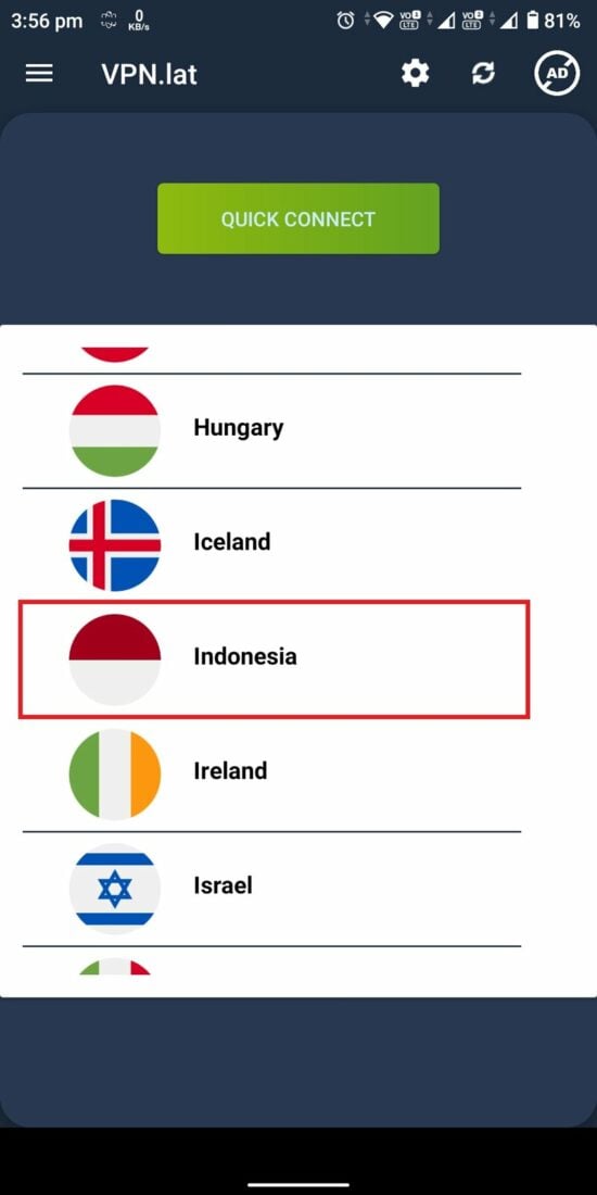 connetti al server indonesiano