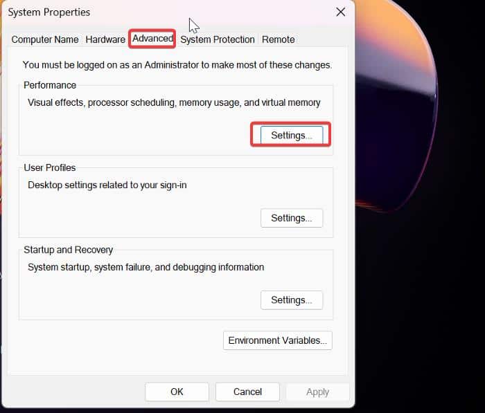 Configurações de Desempenho no computador Windows
