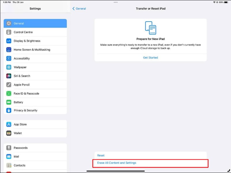 Bildschirm zeigt iPad-Rücksetzoptionen