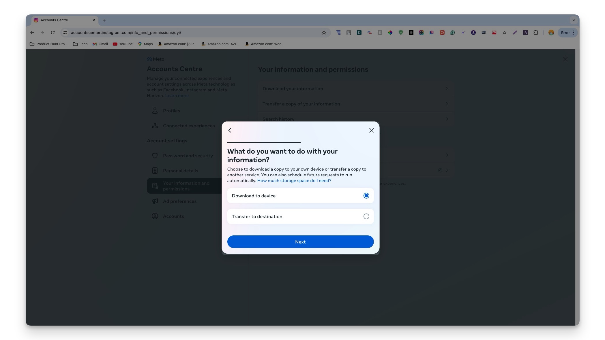 sélectionnez l'emplacement de vos données instagram