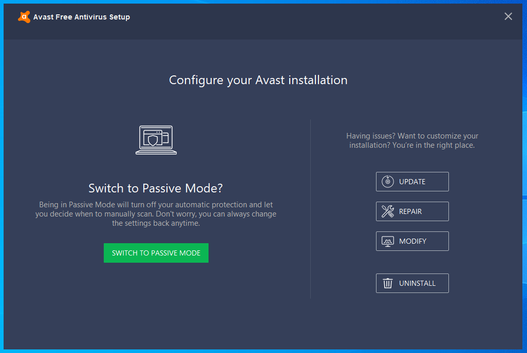 uninstall or modify avast