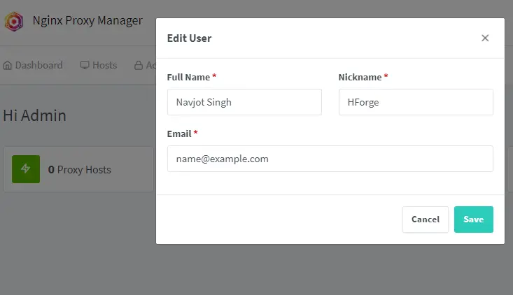 Popup Editar Usuário do Nginx Proxy Manager