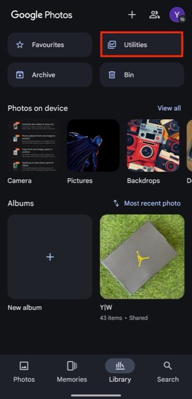 вкладка библиотеки в google photos.