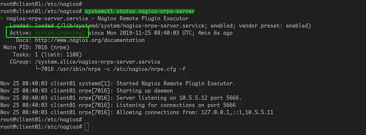 NRPEサーバーがアクティブで稼働中
