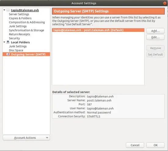 Servidor de correo saliente de Thunderbird