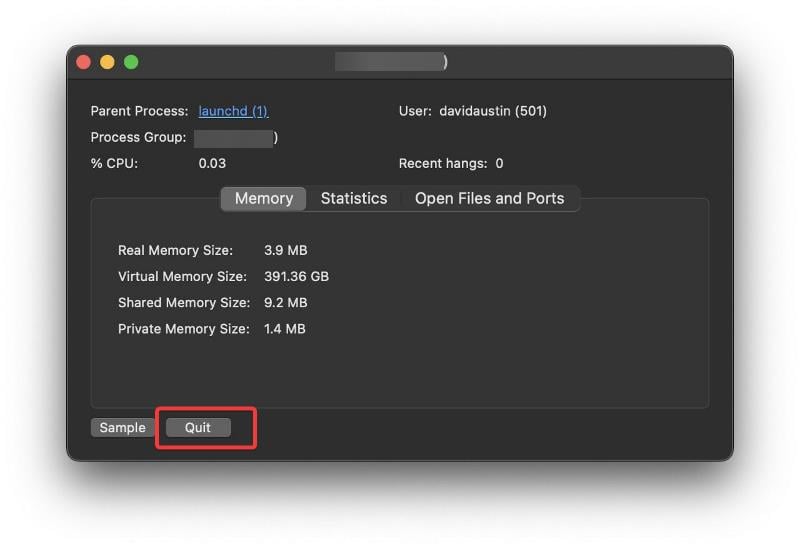 quitter le processus sur le moniteur d'activité